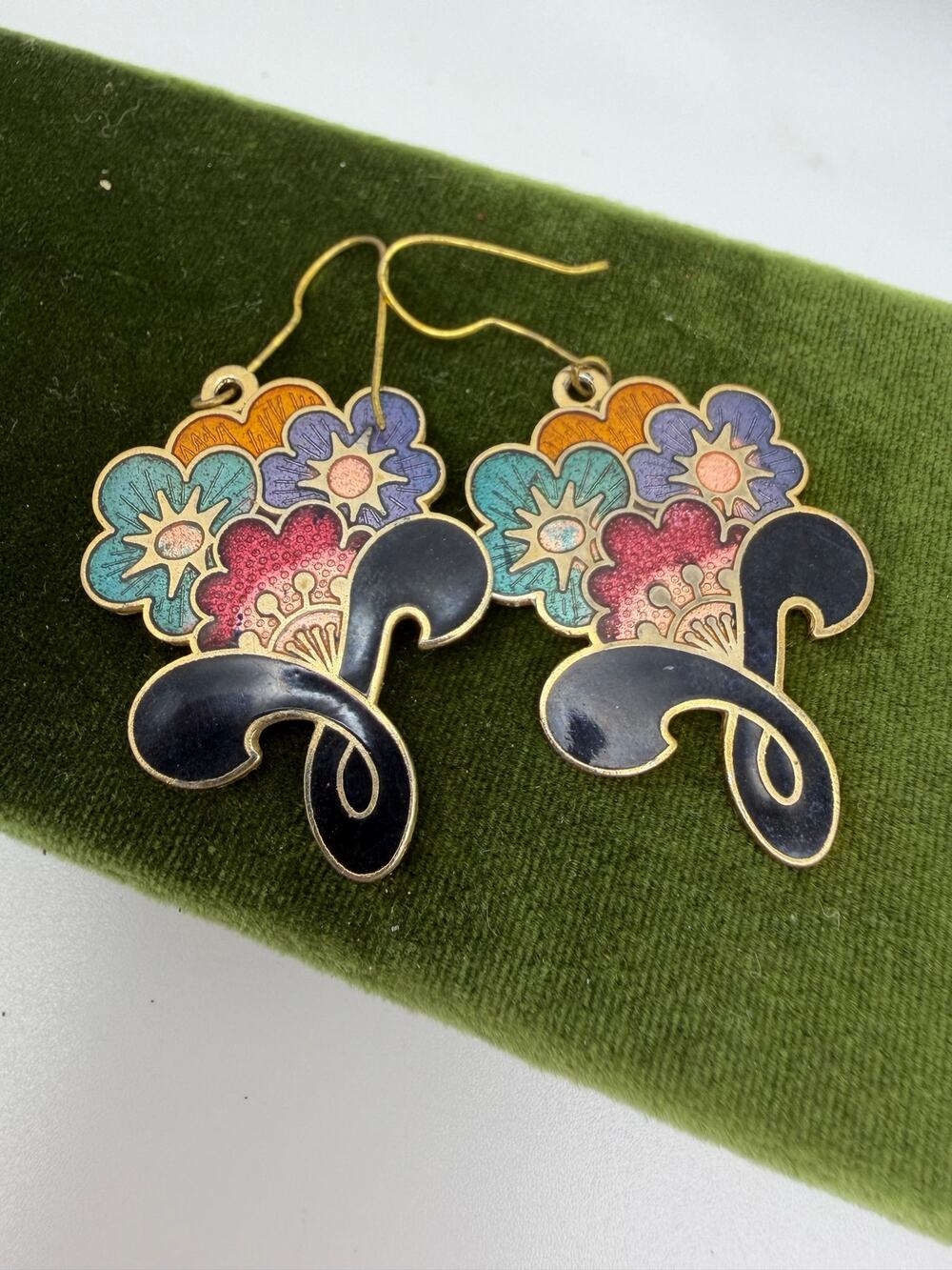 vintage cloisonné enamel floral dangle earrings